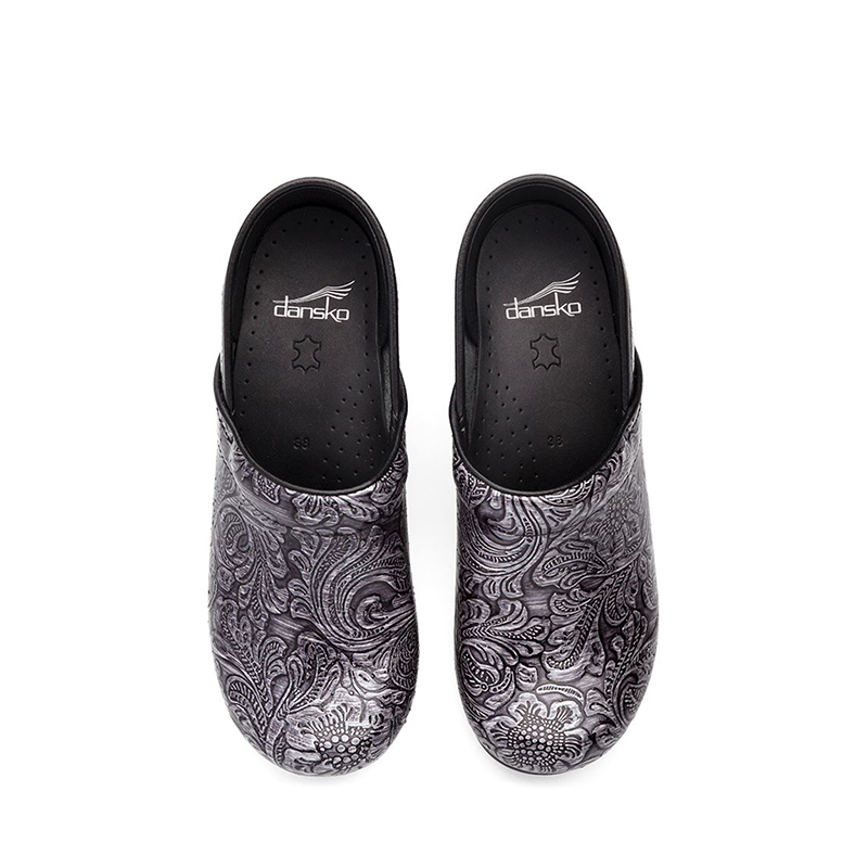 dansko grey tooled patent leather